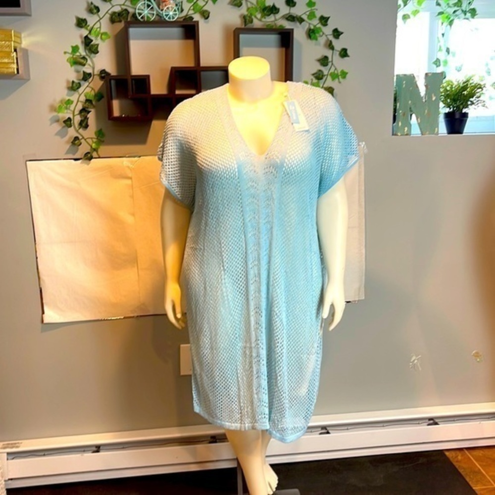 Cupshe Boho Sheer Crochet V-Neck Cover-Up Dress Light Blue Size Large